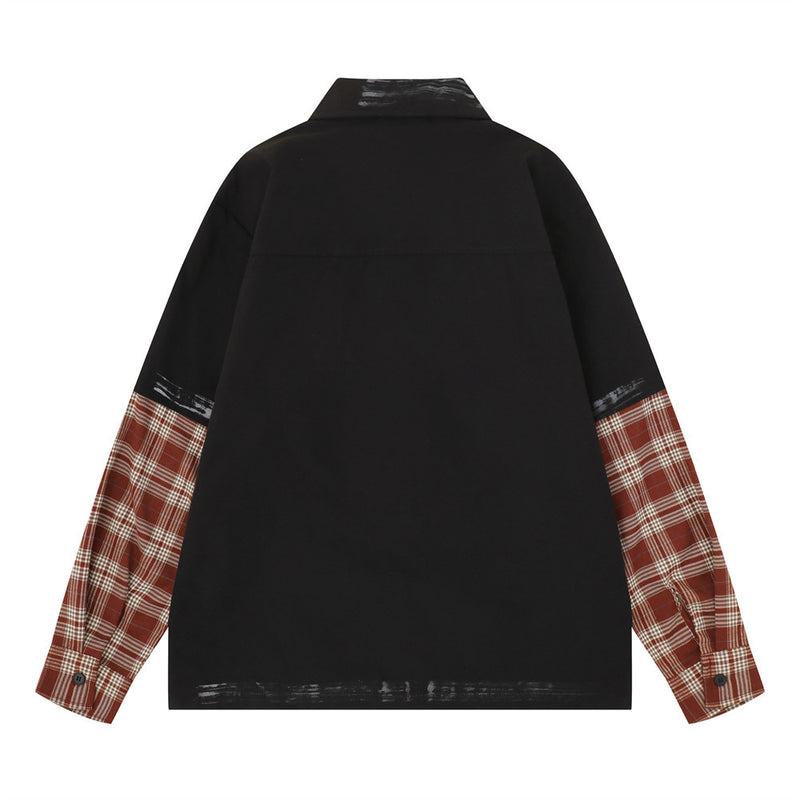 Plaid Splice Long Sleeve Shirt – Faux Two-Piece Brushstroke Detail, Relaxed Fit