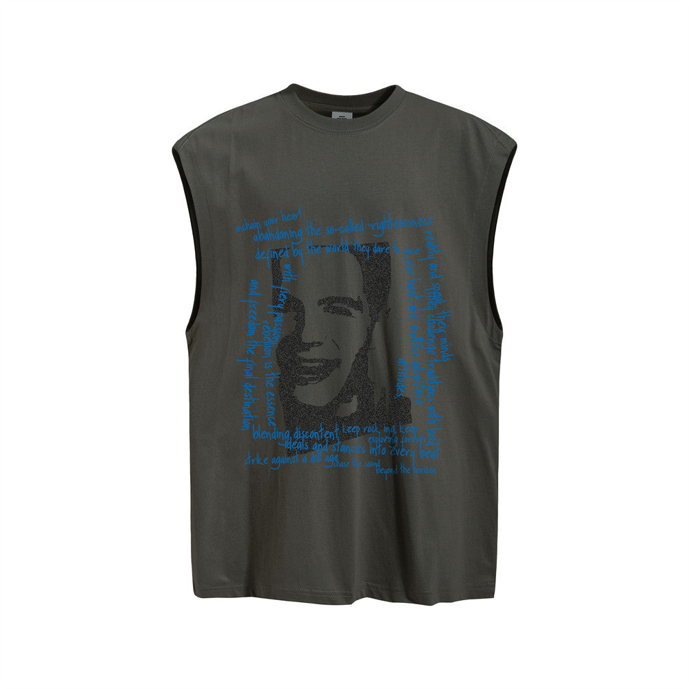 Oversized Sleeveless Tank Top with Vintage Portrait & Lyric Print