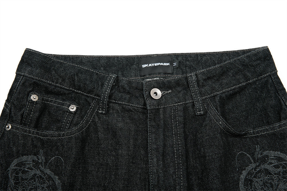 Men's Wide-Leg Black Jeans – Dragon Embroidery Straight Leg Denim