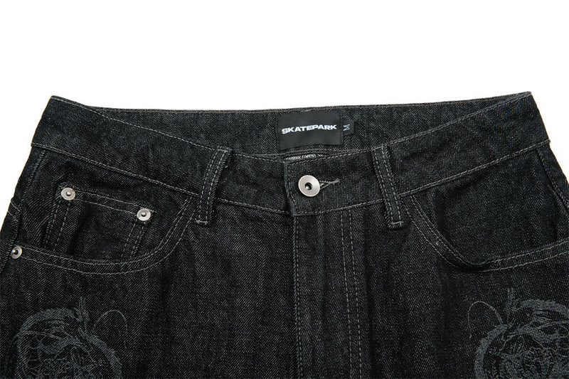 Men's Wide-Leg Black Jeans – Dragon Embroidery Straight Leg Denim