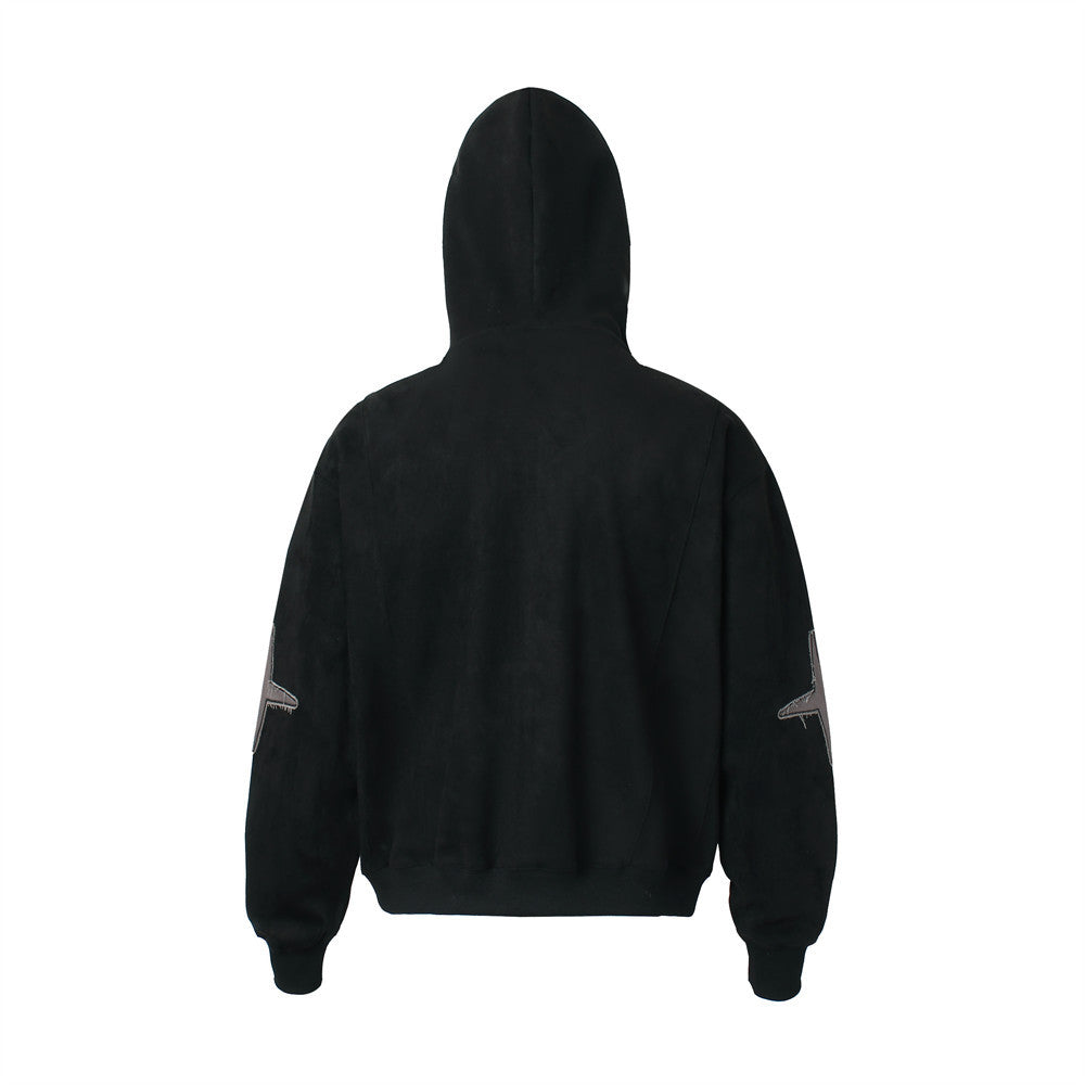 Baggy Zip Up Hoodie with Letter Appliqué — Oversized Streetwear Zip Hoodie