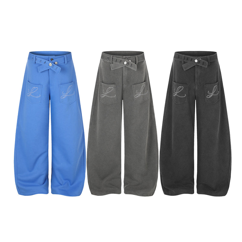 Pantalon habillé à jambes larges – Coupe baggy délavée avec poches brodées et ceinture croisée