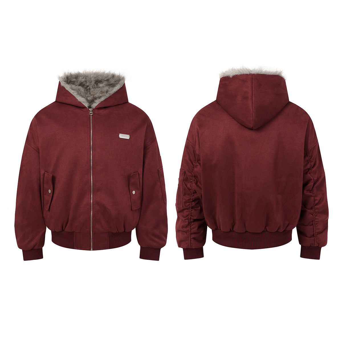 Bomber en suédine avec capuche en fausse fourrure – Manteau d’hiver oversize