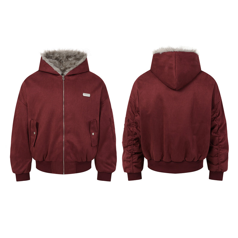 Bomber en suédine avec capuche en fausse fourrure – Manteau d’hiver oversize