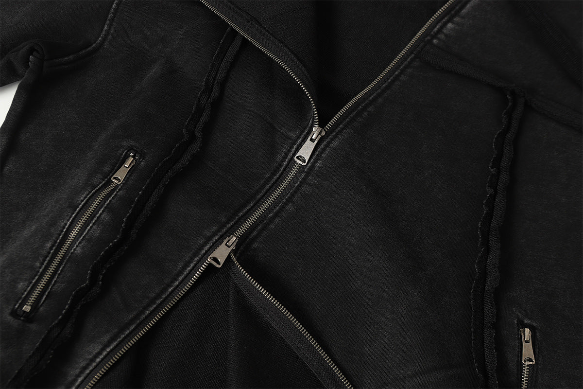 Deconstructed Asymmetric Zip Hoodie – Washed Oversized American Streetwear