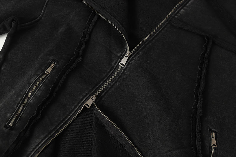 Deconstructed Asymmetric Zip Hoodie – Washed Oversized American Streetwear