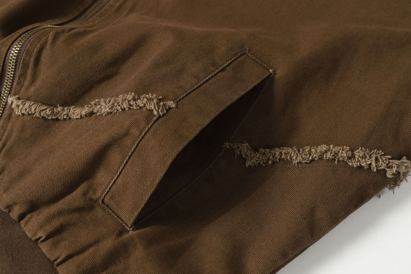 Chaqueta bomber deconstruida con costuras deshilachadas – Estilo universitario de algodón lavado