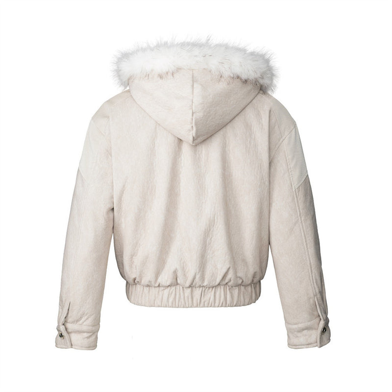 Men's Faux Fur Trim Hooded Bomber Jacket with PU Leather Panel & Snap Buttons