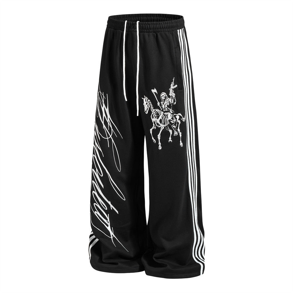 Wide-Leg Track Pants with Skeleton Rider Print and Side Stripe Detail