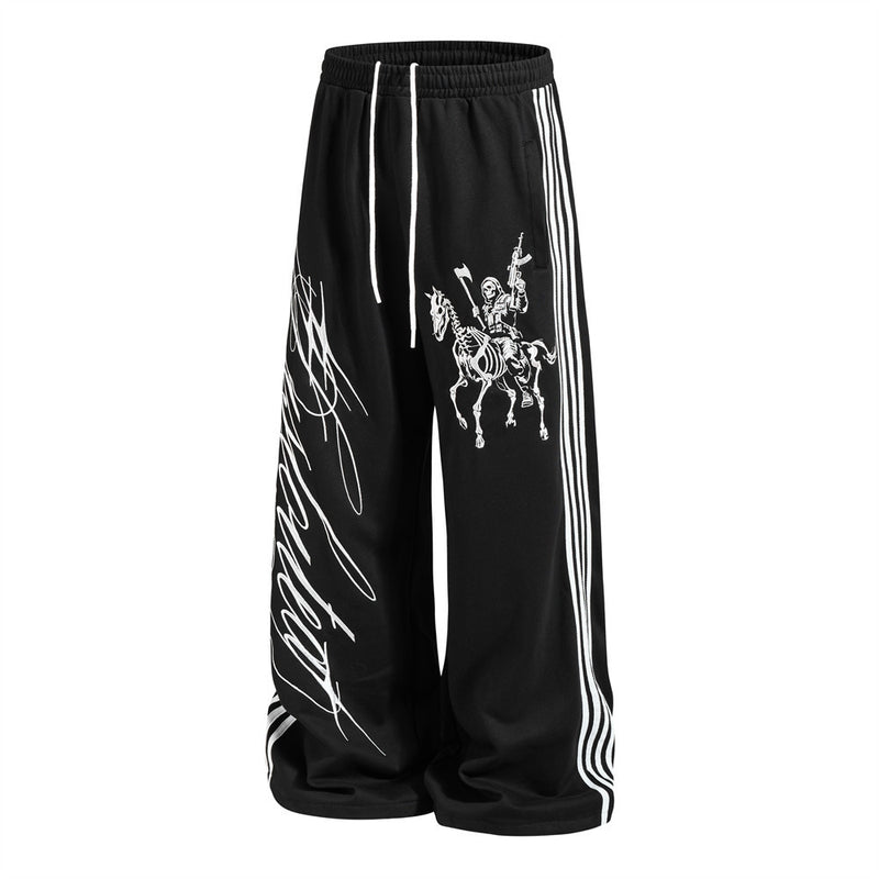 Wide-Leg Track Pants with Skeleton Rider Print and Side Stripe Detail