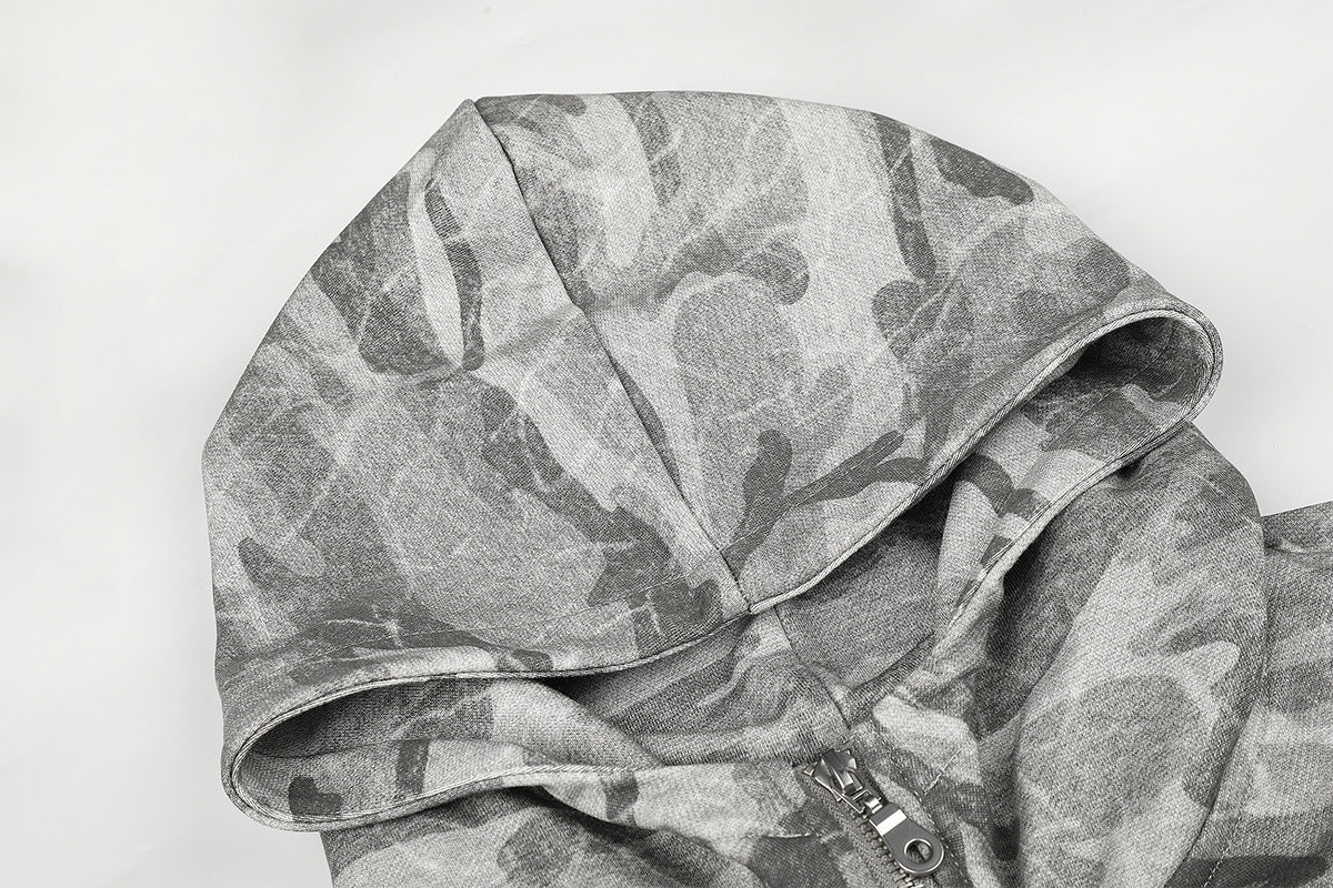 Sudadera con capucha y cremallera de camuflaje, oversize de estilo militar con botones plateados