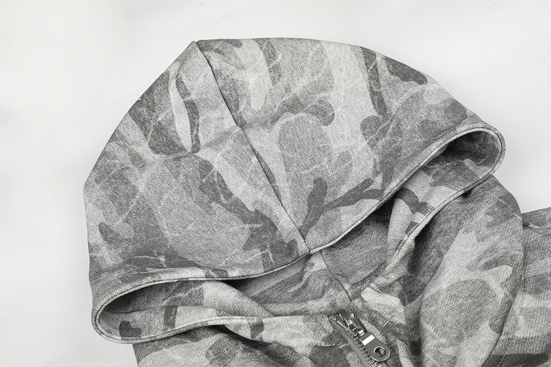 Sudadera con capucha y cremallera de camuflaje, oversize de estilo militar con botones plateados