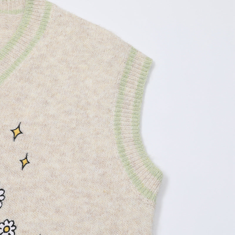 V-Neck Knit Sweater Vest with Cute Puppy Picnic Embroidery