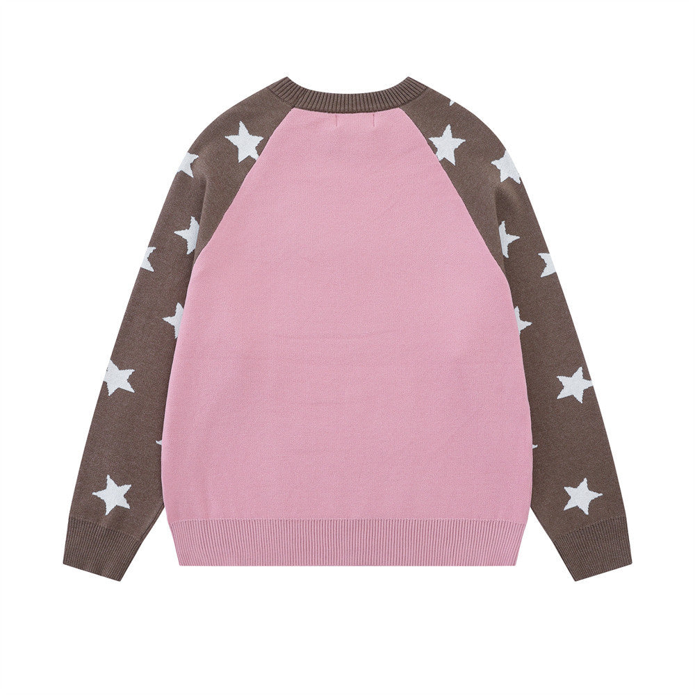 Long Sleeve Sweater Men Star Colorblock Raglan Crew Neck Knit Pullover