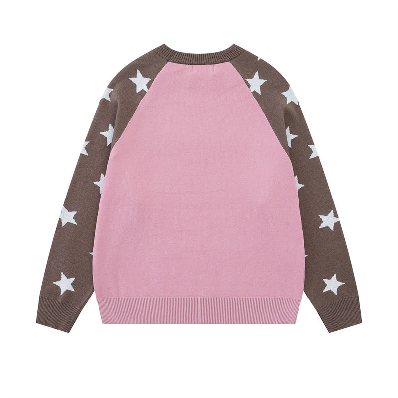 Long Sleeve Sweater Men Star Colorblock Raglan Crew Neck Knit Pullover