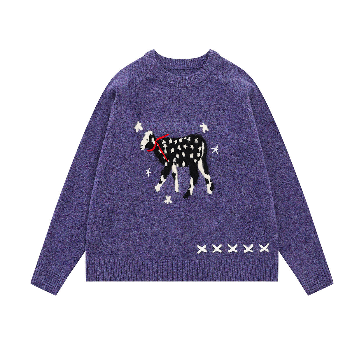 Crew-neck knit sweater with black-and-white lamb jacquard graphic and red ribbon accent on heathered purple background