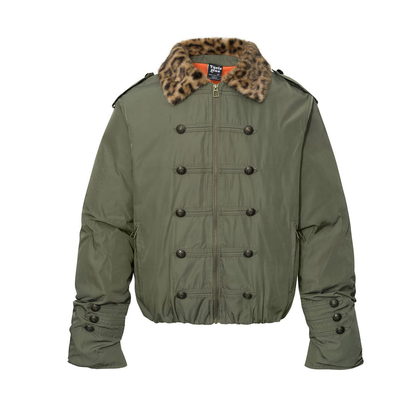Military Bomber Jacket with Leopard Faux Fur Collar & Double-Breasted Button