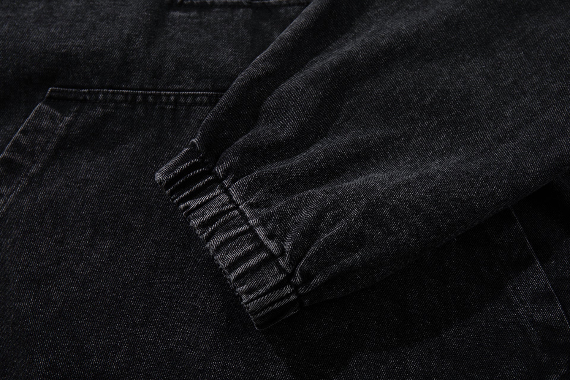 Washed Black Denim Hoodie Pullover with Metal Clasp Buckles