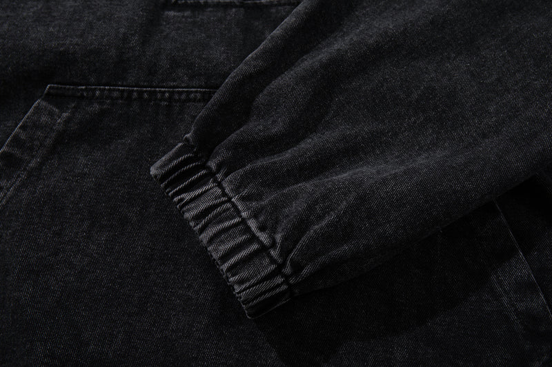 Washed Black Denim Hoodie Pullover with Metal Clasp Buckles