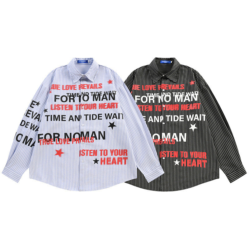 Graphic Button-Up Shirt – Hip-Hop Letter Print Vertical Stripe Long Sleeve