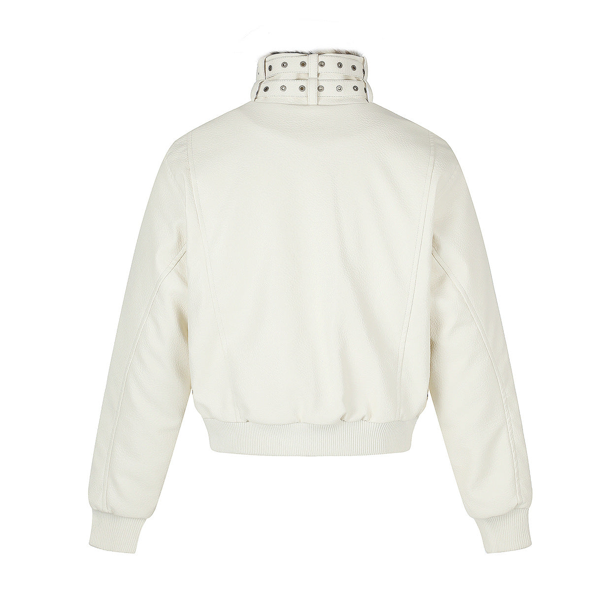 Faux Leather Bomber Jacket with Fur Collar and Buckle Detail