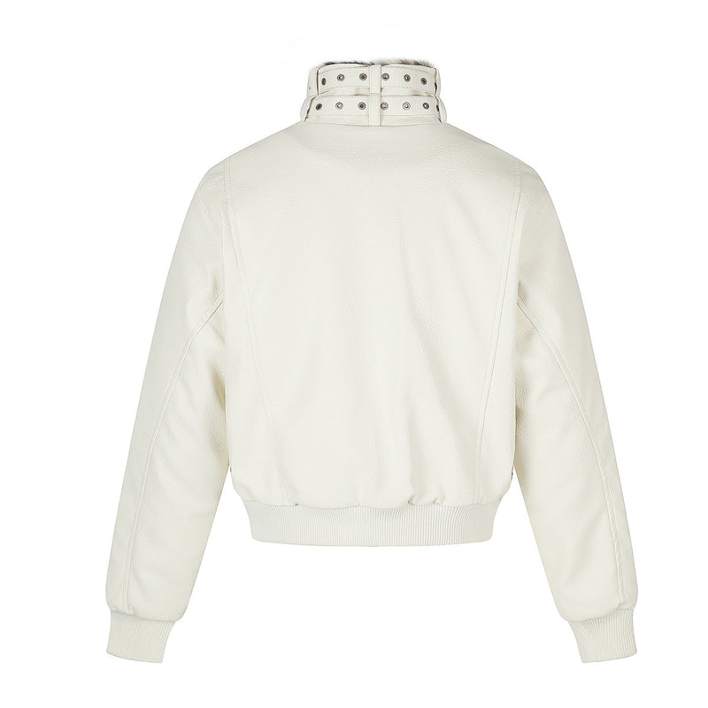Faux Leather Bomber Jacket with Fur Collar and Buckle Detail
