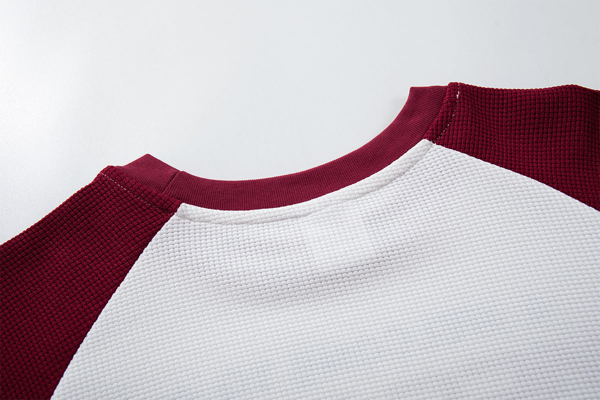 Raglan-Longsleeve – Retro-Bandgrafik, Waffelstrickärmel, Weiß &