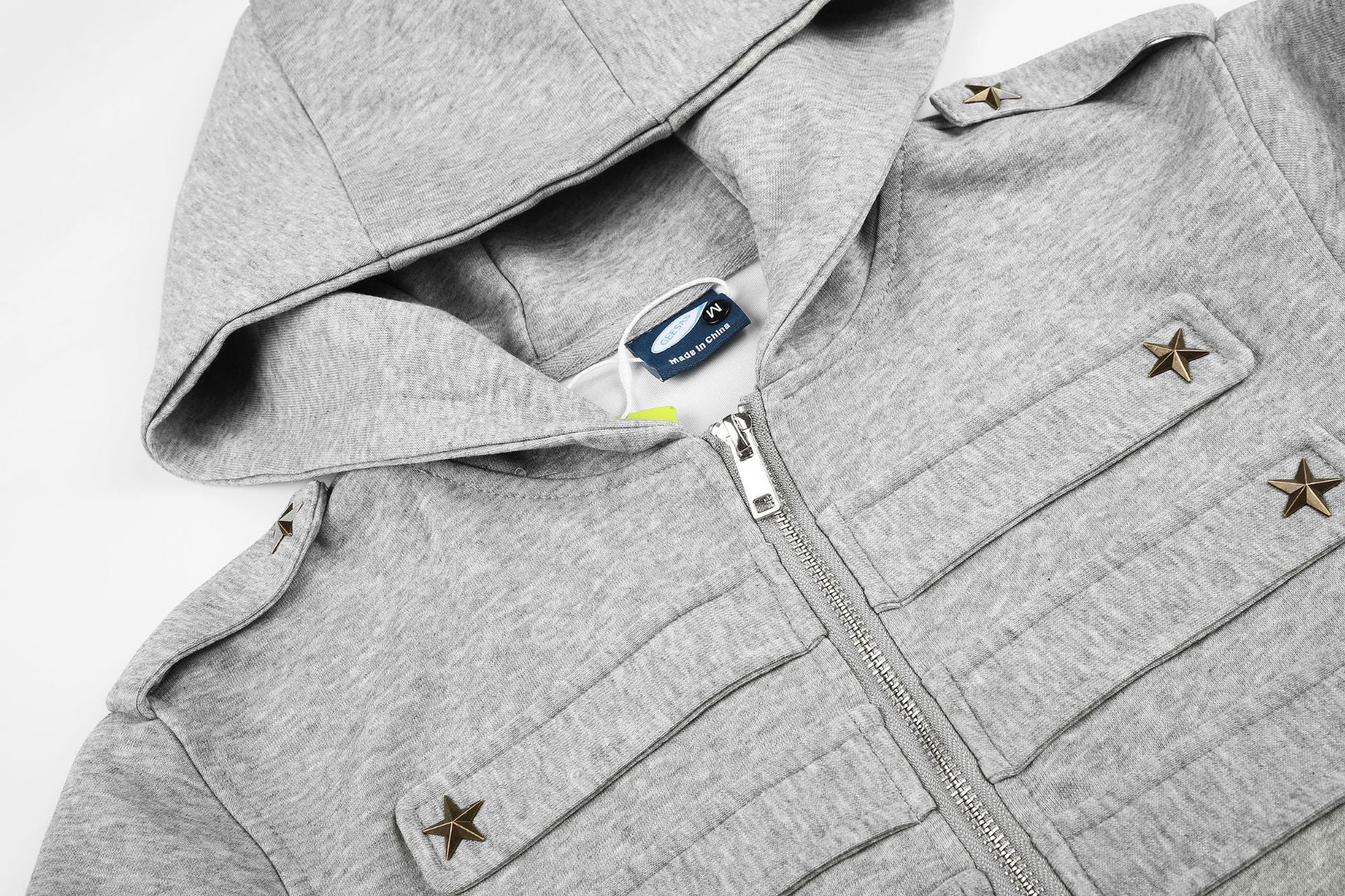 Military-Style Zip-Up Hoodie Jacket with Star Studs & Camo Print