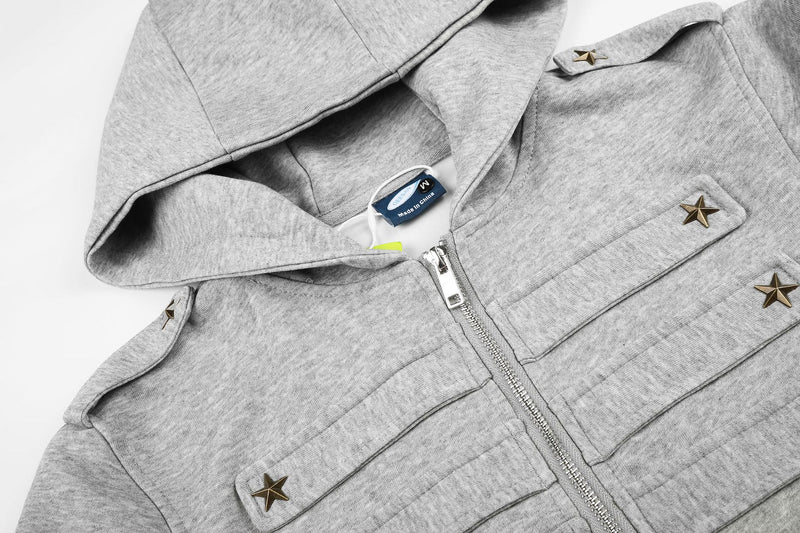 Military-Style Zip-Up Hoodie Jacket with Star Studs & Camo Print