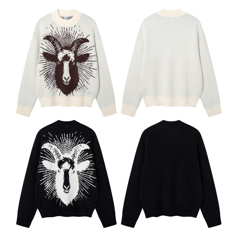 Goat Head Jacquard Crewneck Sweater – Oversized Knit Pullover