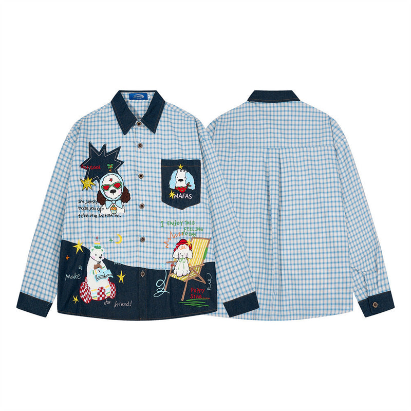 Chemise homme boutonnée à manches longues – Carreaux et empiècements en jean brodés cartoon