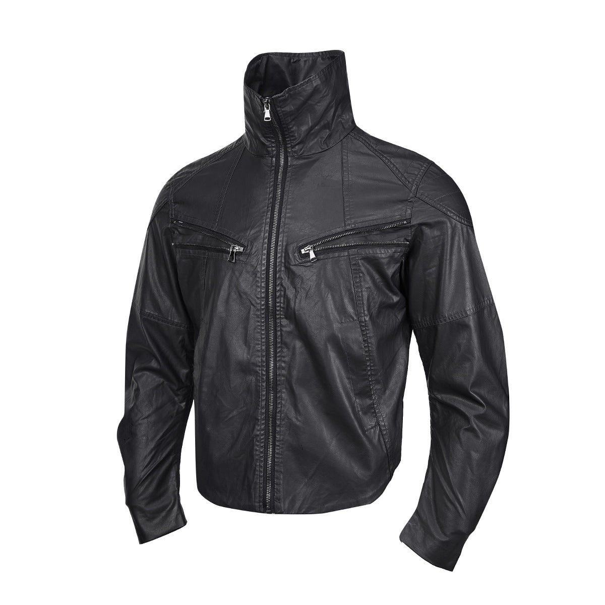 Veste moto en simili cuir – Col montant, poches zippées déconstruites, style biker rétro