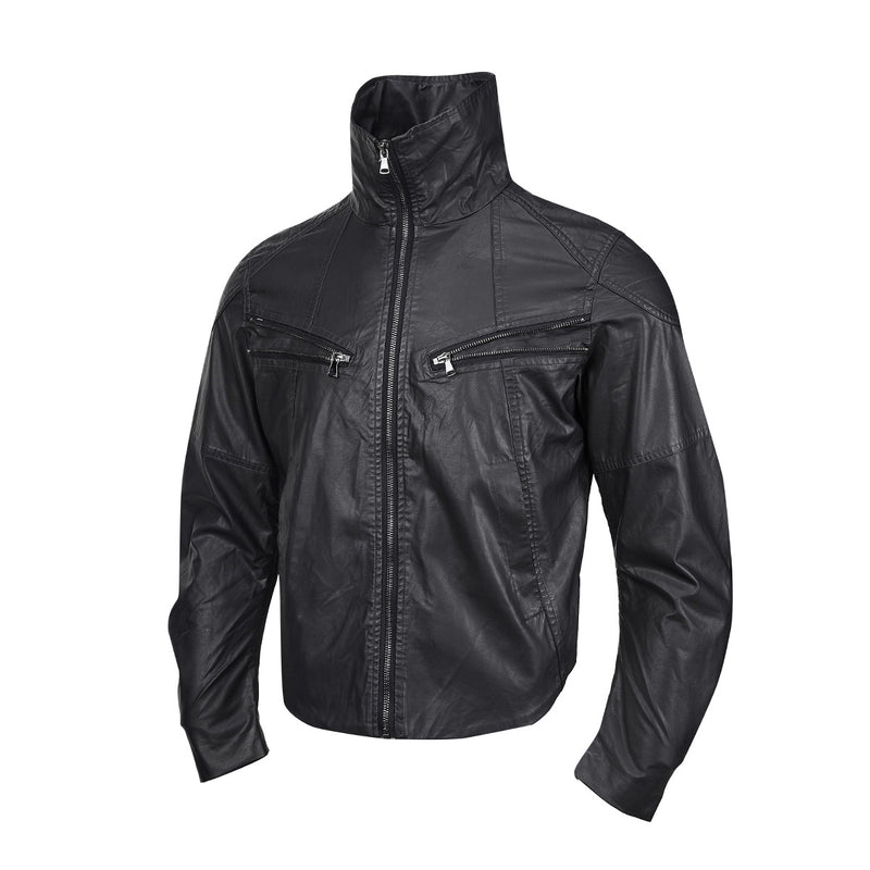 Veste moto en simili cuir – Col montant, poches zippées déconstruites, style biker rétro