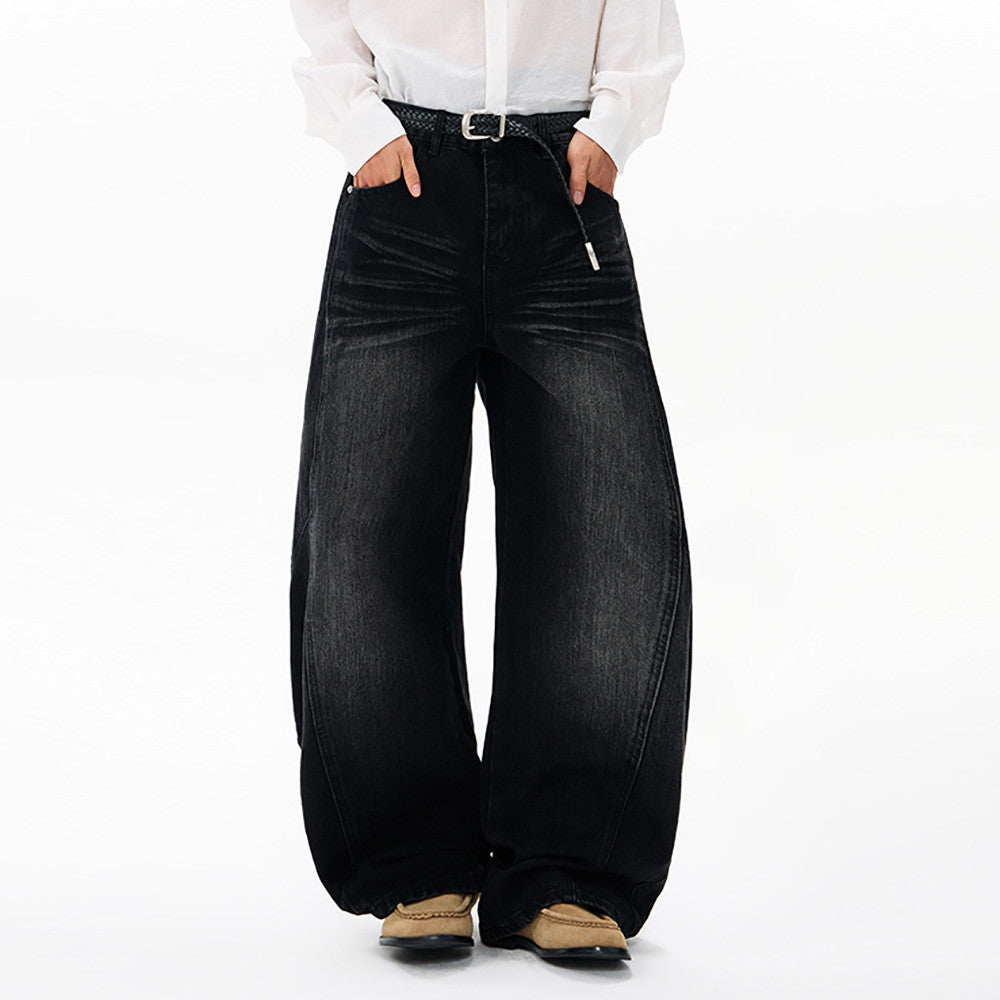 Men's Black Baggy Wide-Leg Jeans – Washed Distressed Curved Silhouette