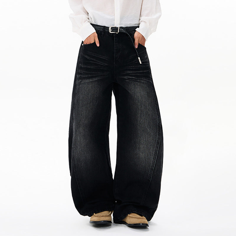 Men's Black Baggy Wide-Leg Jeans – Washed Distressed Curved Silhouette