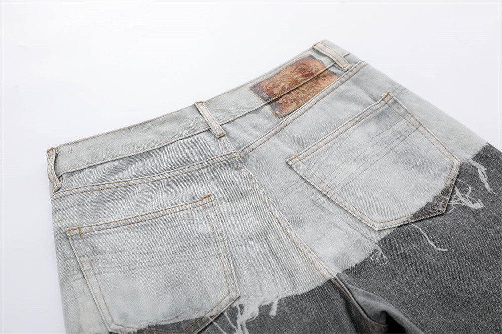 Two-Tone Distressed Wide-Leg Jeans – Contrast Wash Straight Denim