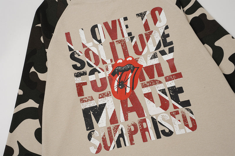 Baggy Long Sleeve Shirt – Camo Raglan Sleeves & Vintage Rock Graphic