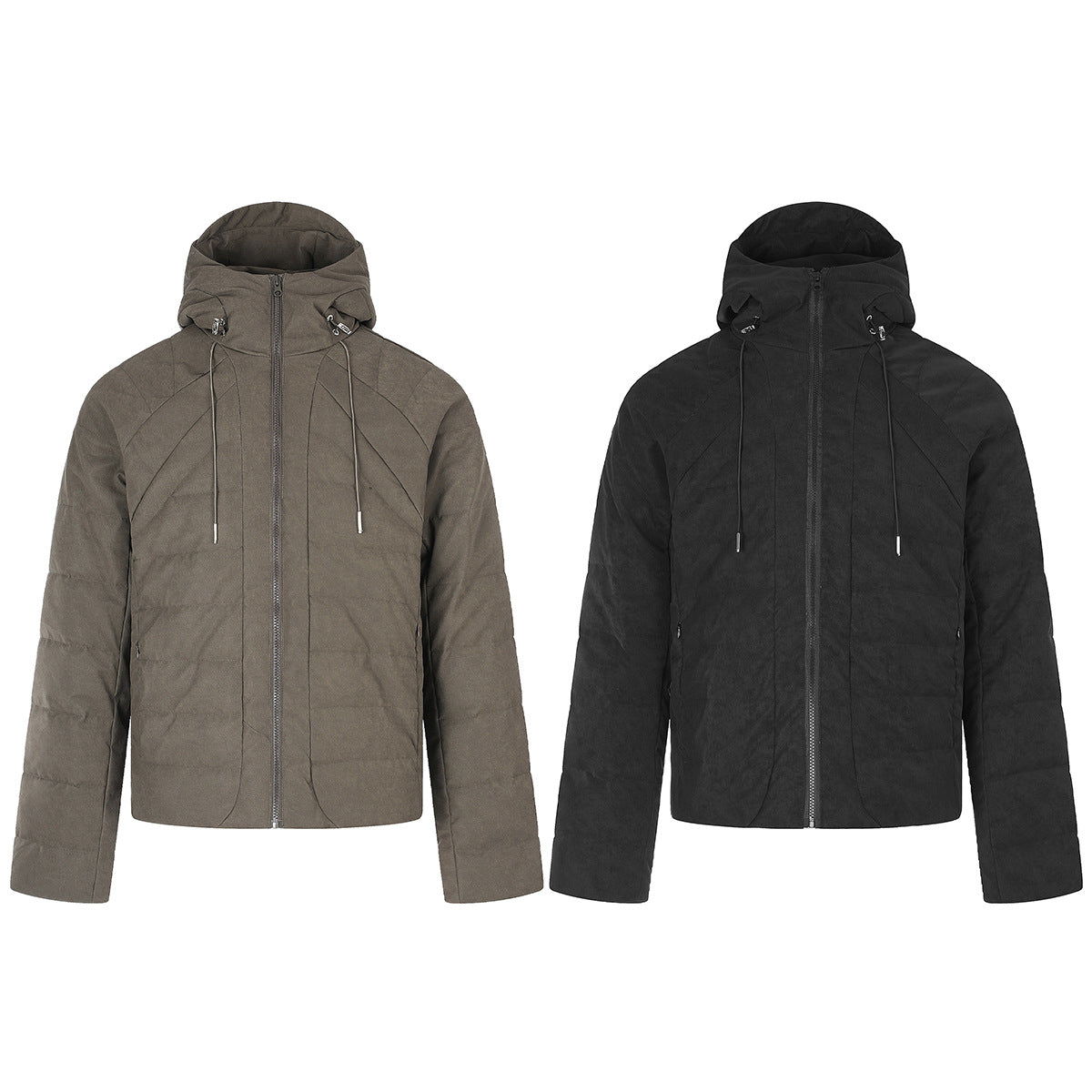 Hooded Quilted Puffer Jacket – Ribbed Panel Down Coat in Olive & Black