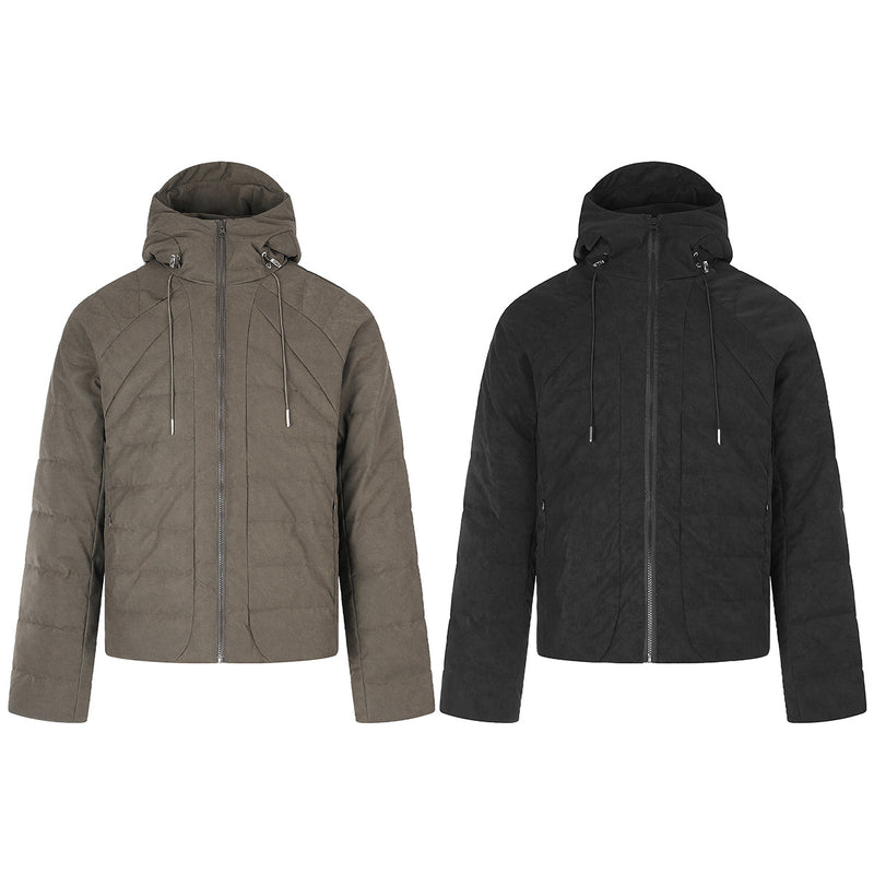 Hooded Quilted Puffer Jacket – Ribbed Panel Down Coat in Olive & Black
