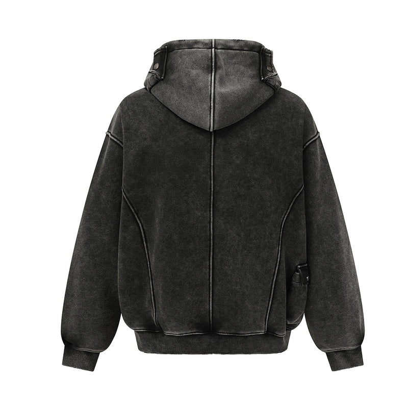 Oversized Acid Wash Hoodie with Cargo Chest Pocket – Heavy Fleece Pullover