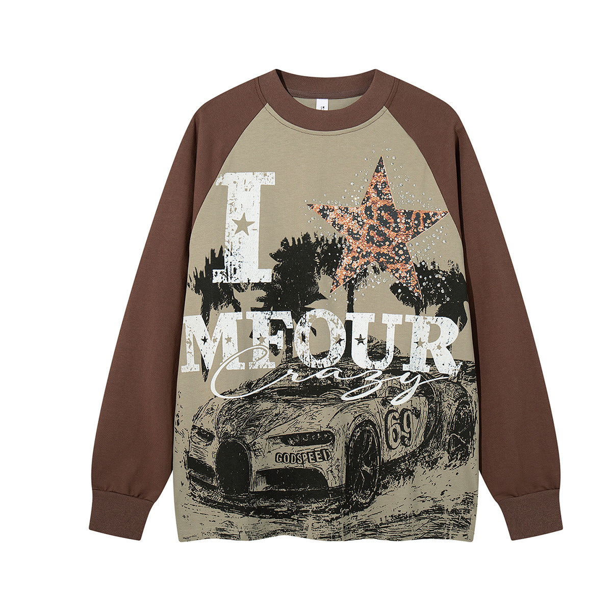 Oversized raglan long-sleeve graphic T-shirt with star and racing car print in khaki and brown colorway
