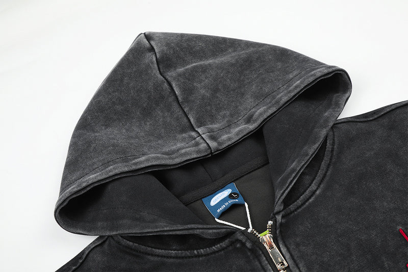 Acid Wash Zip-Up Hoodie with Camo Sleeves and Embroidered Graphic
