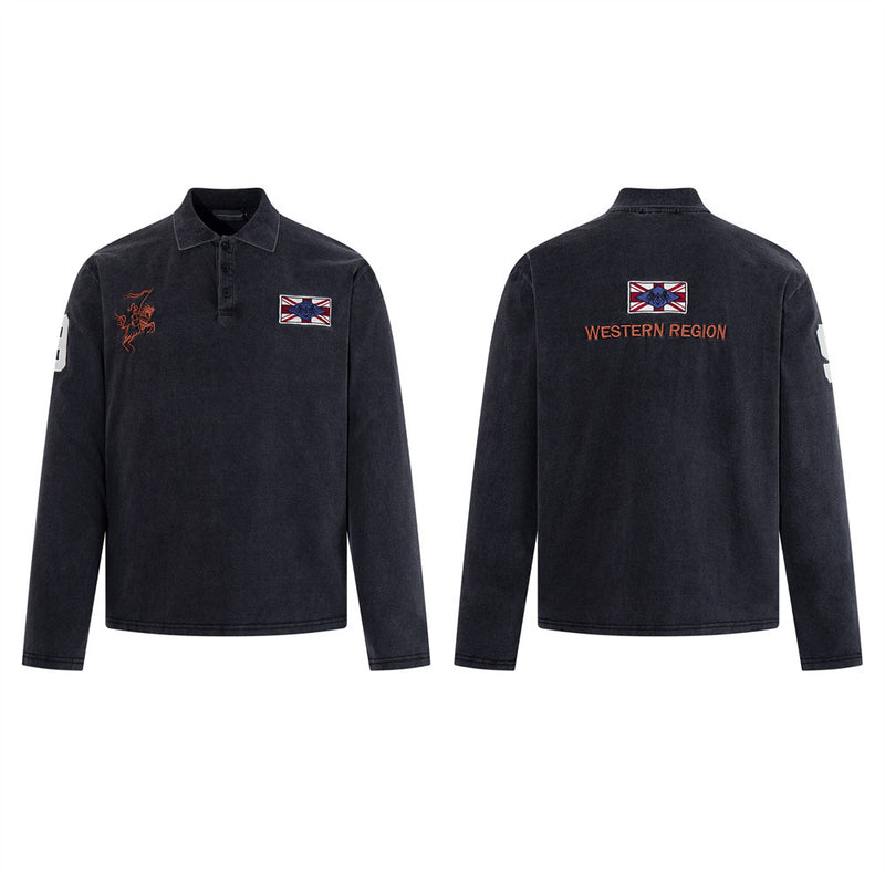 Long-Sleeve Polo Shirt with Western Region Embroidery & Union Jack Patch