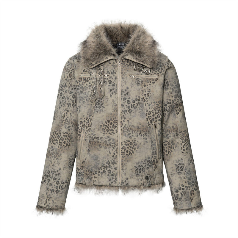 Leopard Print Zip-Up Jacket with Faux Fur Collar & Sherpa Lining
