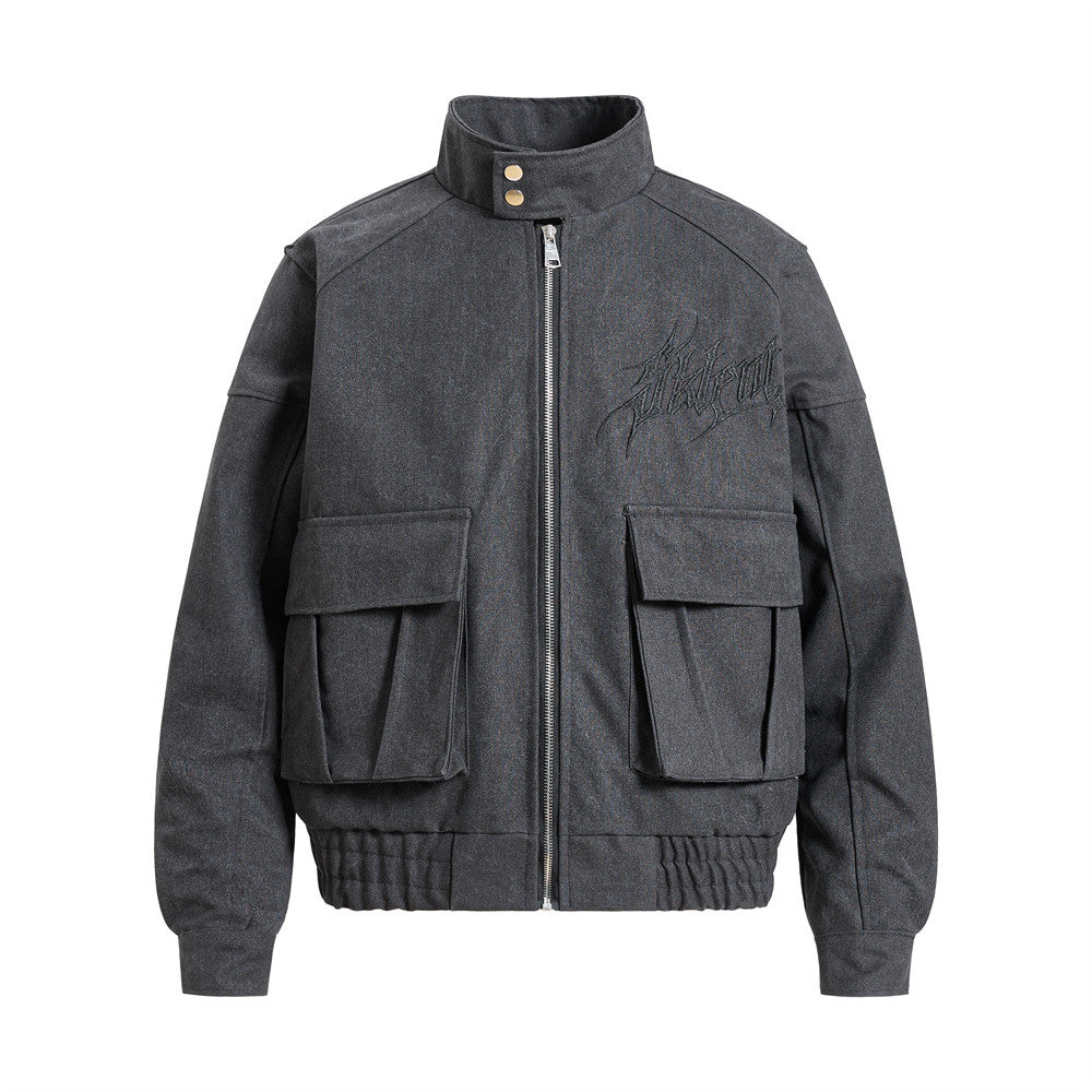 Men's oversized gothic embroidered cargo bomber jacket with stand collar and flap pockets in charcoal grey and army olive gre