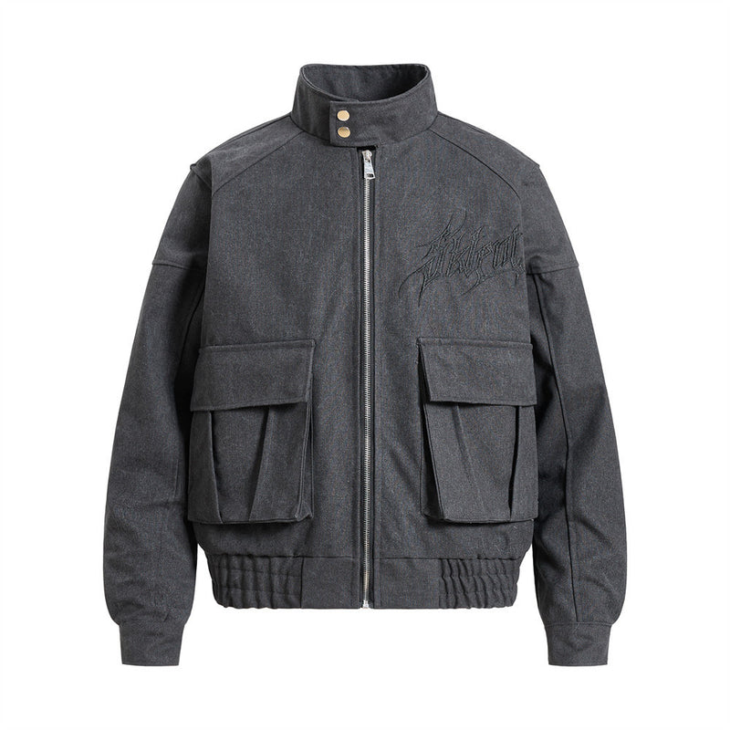 Men's oversized gothic embroidered cargo bomber jacket with stand collar and flap pockets in charcoal grey and army olive gre
