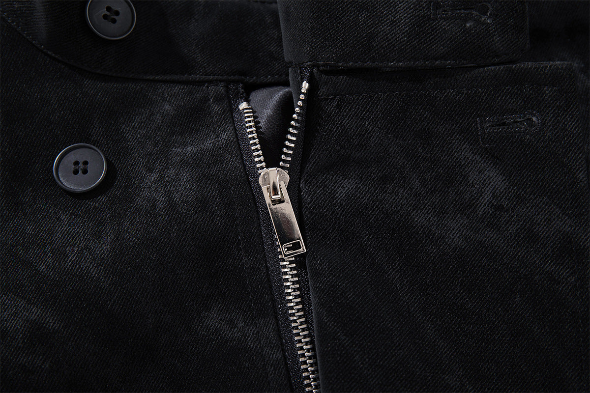 Double-Breasted Stand Collar Jacket – Vintage Washed Black