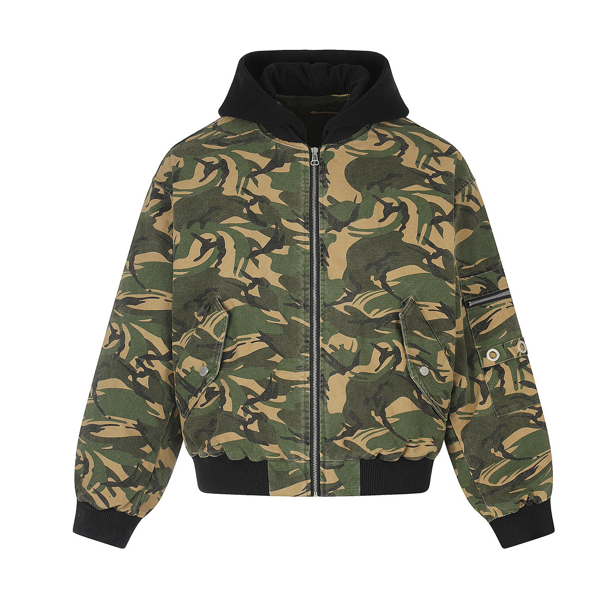 Camo Padded Bomber Jacket – Hooded MA-1 Flight Jacket with Grommet Detail