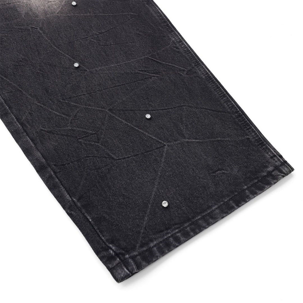 Men's Wide-Leg Baggy Jeans – Washed Black Rhinestone Embellished Denim