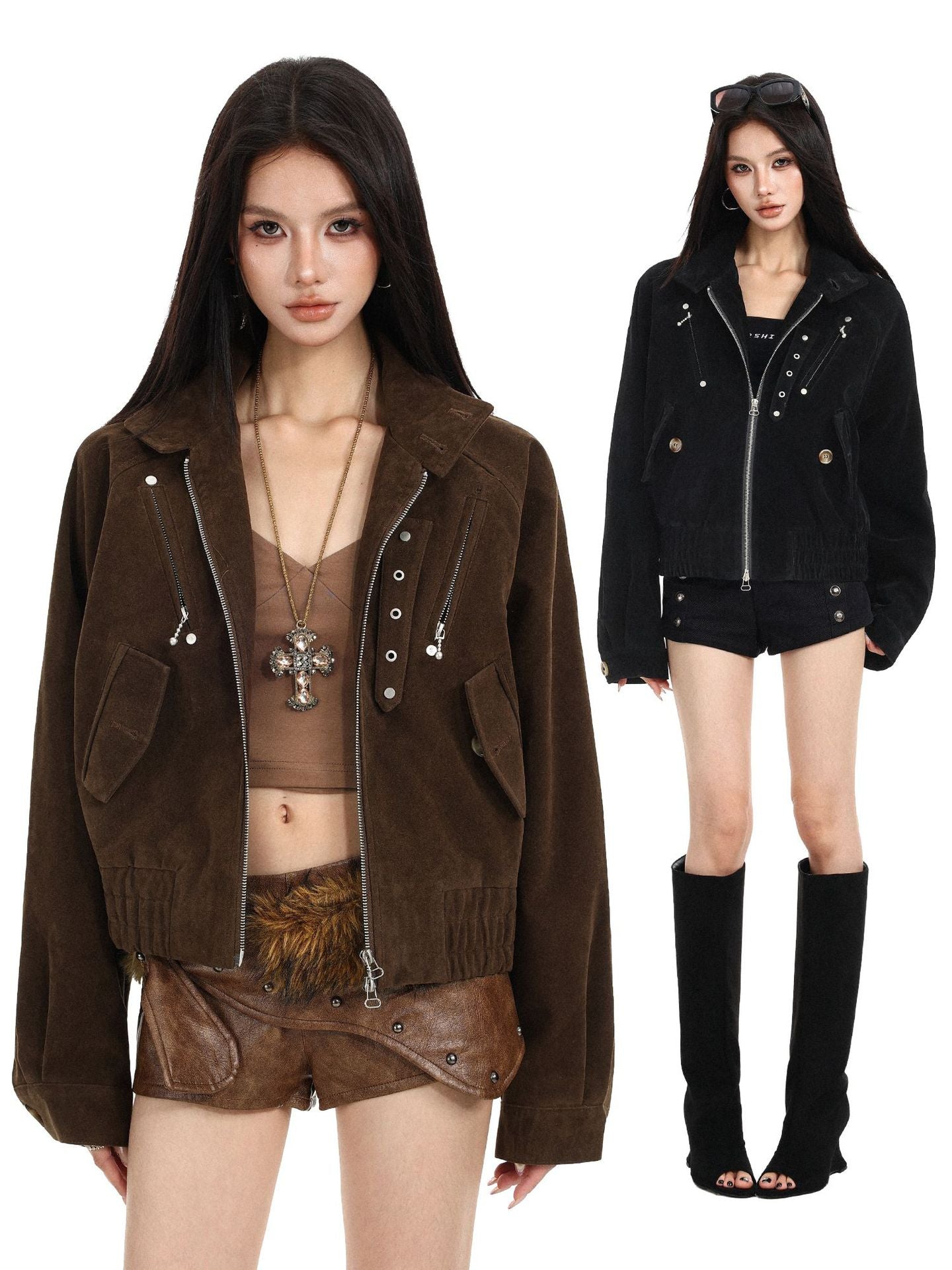Blouson bomber court en suédine avec éléments métalliques – Style streetwear punk